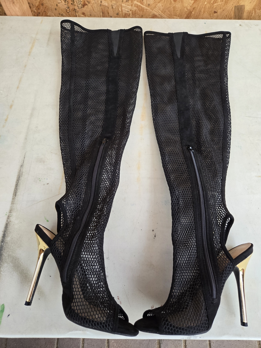 Wild Diva Black Mesh Over-the-Knee Peep-Toe Boots with Gold Heel